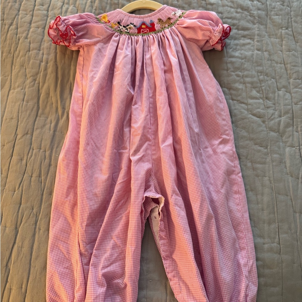 Pink Gingham Smocked Farm Animals Romper